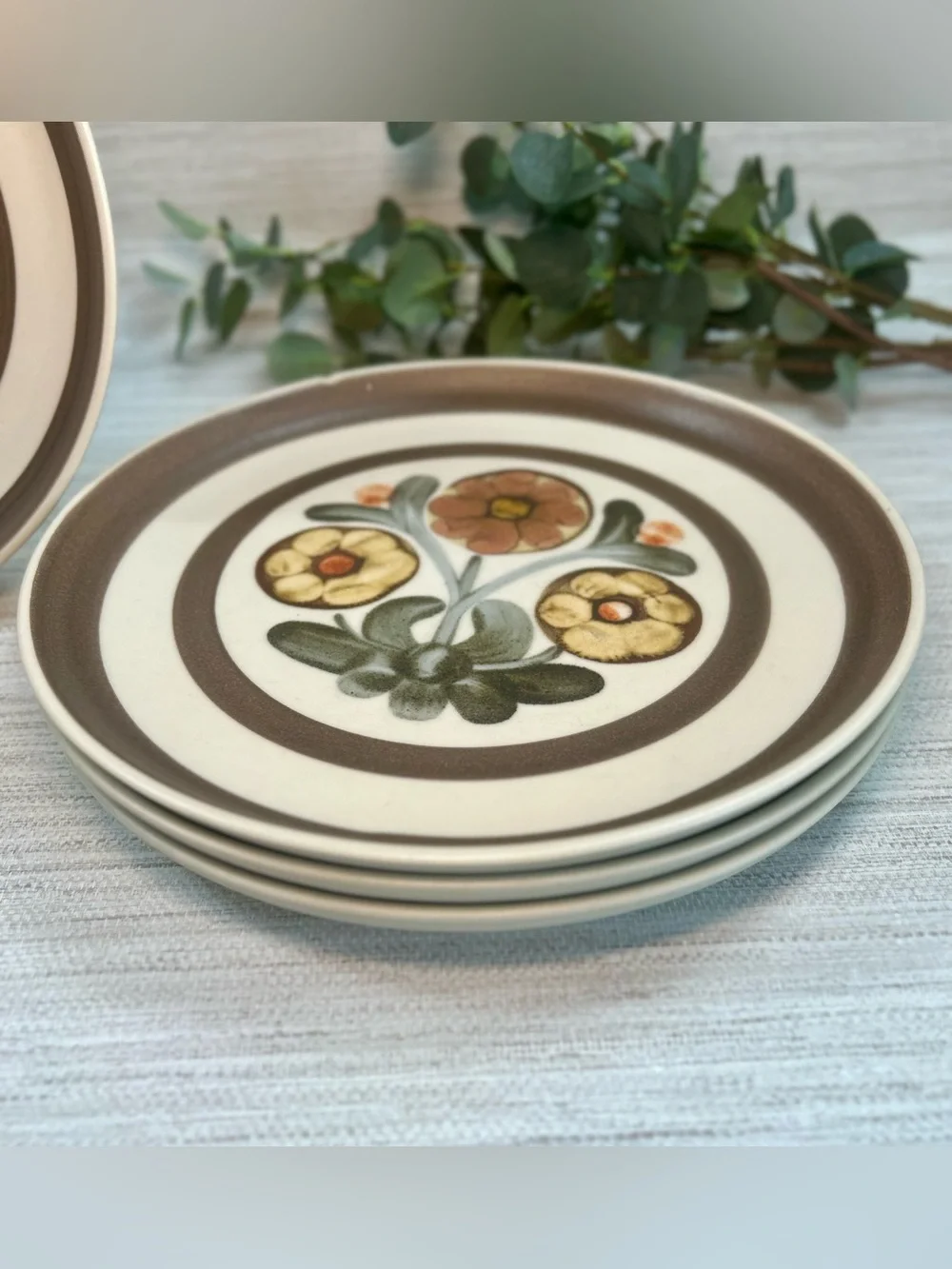 Vintage Langley England Stoneware Plates Set of 8 Retro Floral Brown Orange